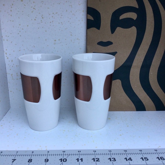 Starbucks Copper Band Tumbler Mug Ceramic 2012 White 10 Oz Mermaid Logo Cups - Picture 7 of 9